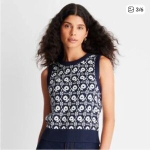 Sleeveless Navy and White Floral Knit Top